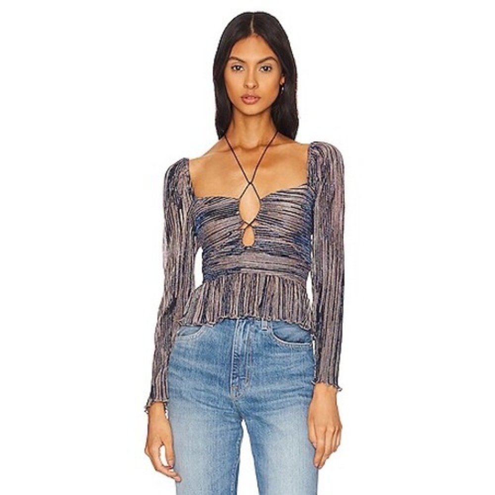 SAYLOR Kamara Top Indigo Gold Metallic Plisse Keyhole Peplum Long Sleeve Small